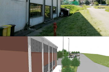 Il fronte nord del pluriuso, con l'accesso (che sarà anche carrabile, al fine di favorire le operazioni di carico-scarico) ai locali della nuova cucina.